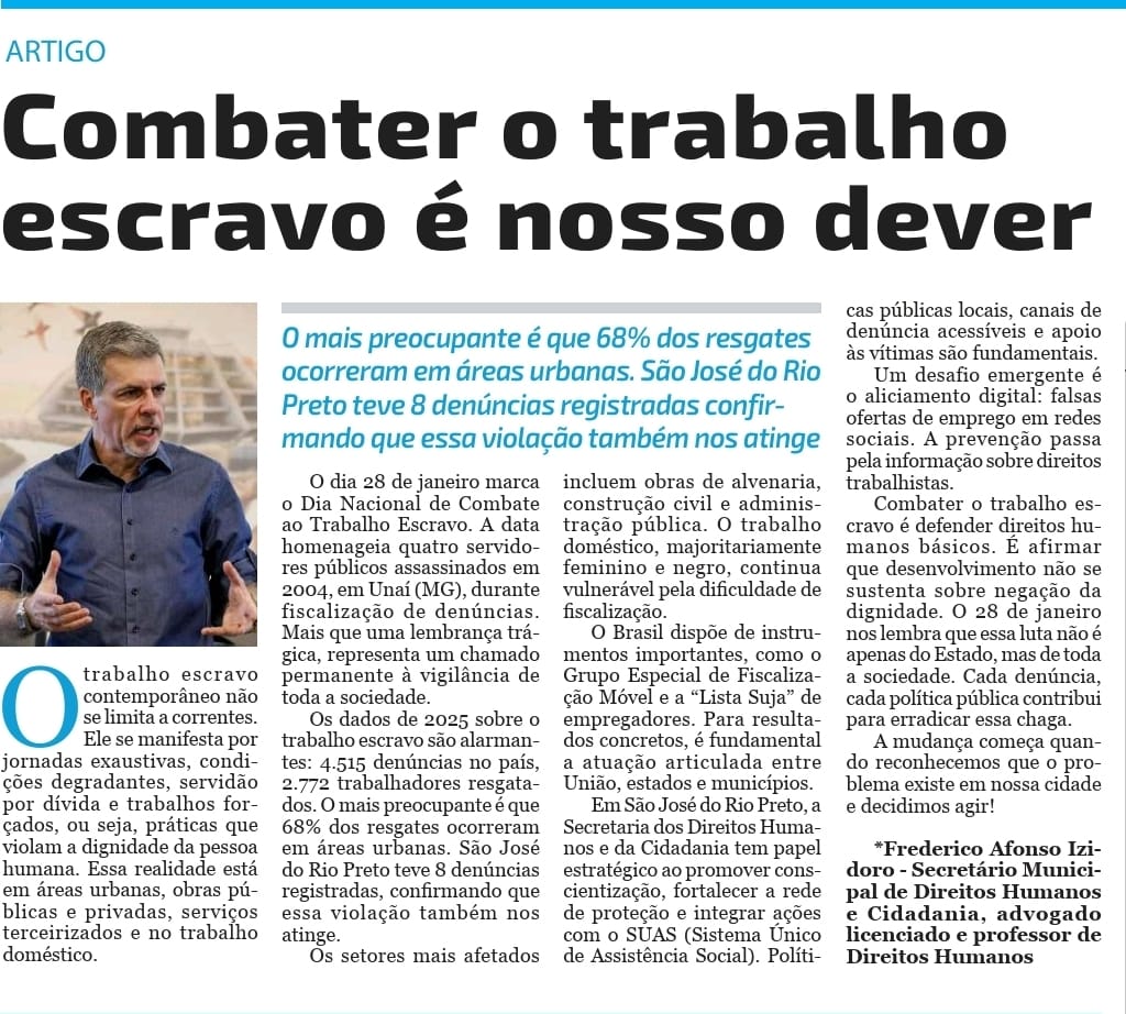 ARTIGO COMBATER O TRABALHO ESCRAVO É NOSSO DEVER PROFESSOR FREDERICO AFONSO